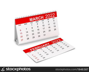 Calendar for 2022 year. 3d illustration isolated on white background. Week starts with sunday