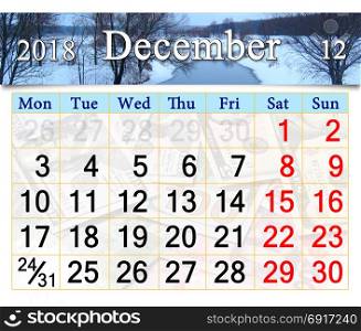 calendar for December 2018 with winter river and forest. beautiful calendar for December 2018 with winter river