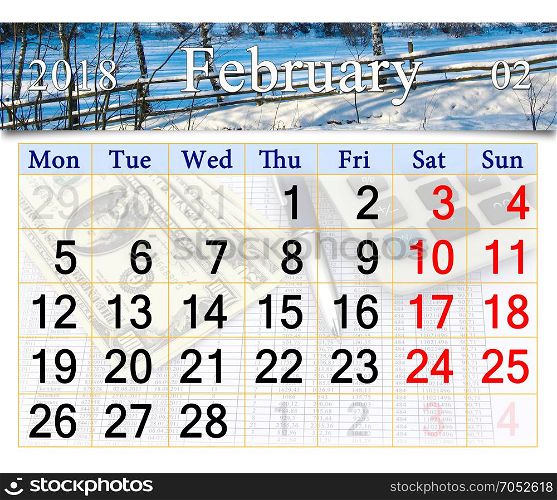 calendar for February of 2018 with winter landscape. calendar for February of 2018 with image of snow-covered fence in the village