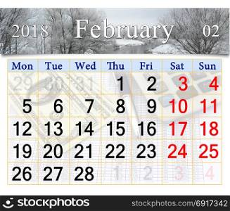 calendar for February of 2018 with winter river. calendar for February 2018 with winter river. Calendar for printing and using in office life.
