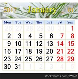 calendar for January 2017 with snowy pine branches. calendar for January 2017 with snowy pine branches in the forest
