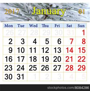 calendar for January 2017 with winter pines. calendar for January 2017 with image of snowy pines