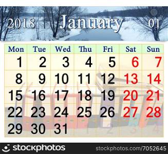 calendar for January 2018 with winter river. beautiful calendar for January 2018 with winter river