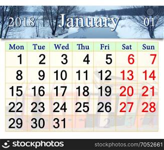 calendar for January 2018 with winter river. beautiful calendar for January 2018 with winter river