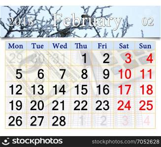 calendar for January 2018 with winter sparrows. calendar for January 2018 with ribbon of flying sparrows above the snowy branch