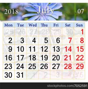 calendar for July 2018 with flowers of Cichorium. calendar for July 2018 with Cichorium in the summer field