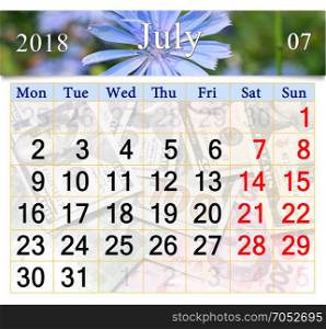 calendar for July 2018 with flowers of Cichorium. calendar for July 2018 with Cichorium in the summer field