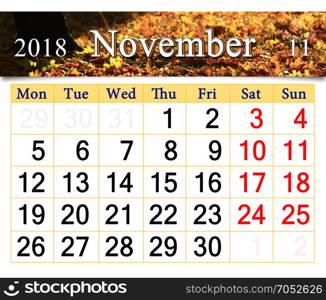 calendar for November 2018 with yellow leaves. calendar for November 2018 with the ribbon of yellow leaves