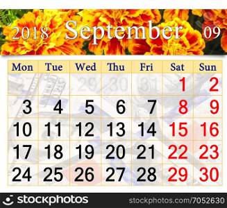 calendar for September 2018 with marigolds. calendar for September 2018 with image of flowers of marigolds
