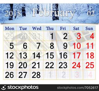 calendar for the February of 2018 with winter landscape. beautiful calendar for January 2018 with snowy birch grove