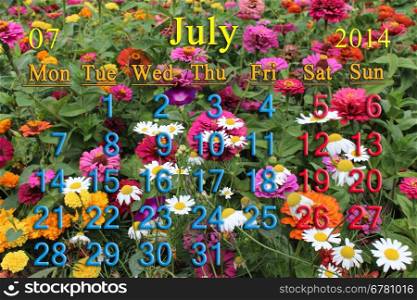 calendar for the July of 2014 on the background of summer flowers
