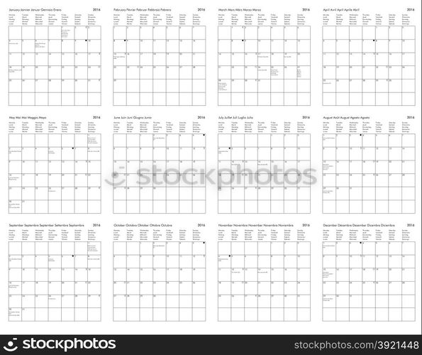 Calendar of year 2016. Calendar of year 2016 in 5 languages (English German French Italian Spanish) with public and bank holidays for USA and Europe (UK, Germany, France, Italy, Spain) in bold, and moon phases