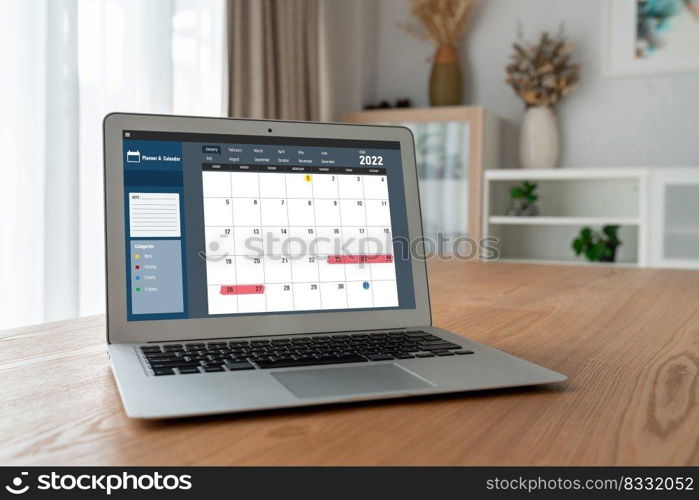 Calendar on computer software application for modish schedule planning for personal organizer and online business. Calendar on computer software application for modish schedule planning