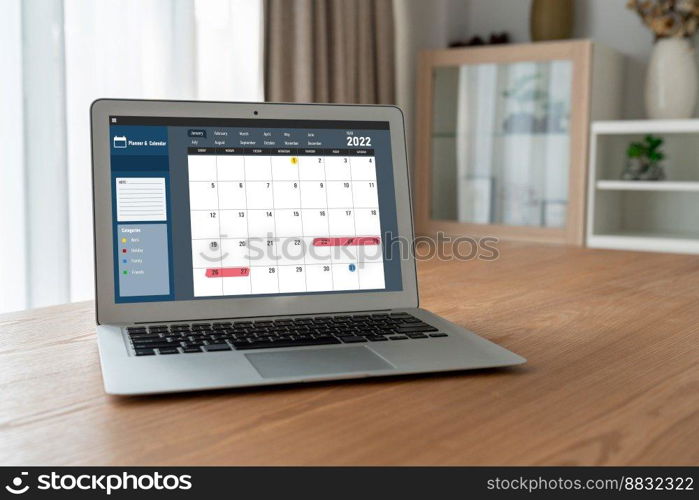 Calendar on computer software application for modish schedule planning for personal organizer and online business. Calendar on computer software application for modish schedule planning