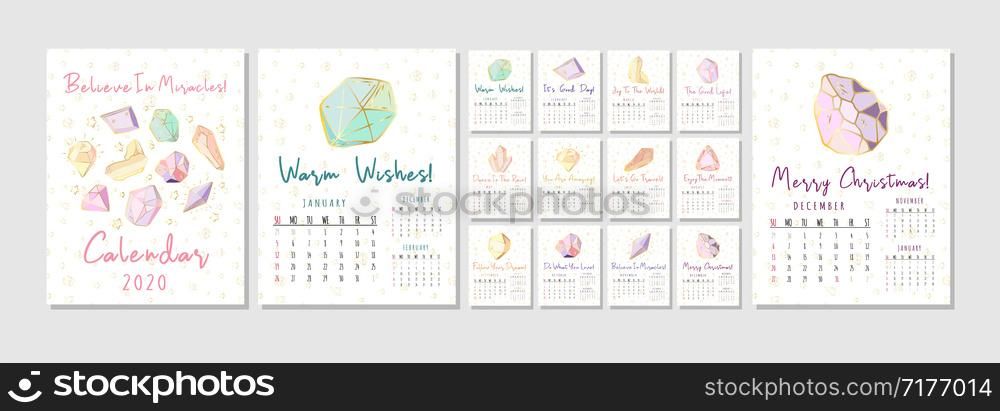 Calendar or planner A4 format for 2020 with colored geometric crystals or gems, jewelry diamonds and precious stones. Cover and monthly pages with dates, motivation phrases. Vector template. New Crystals Set