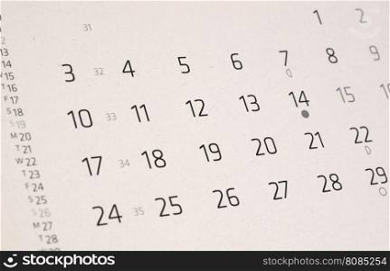 Calendar page with selective focus. Detail of a calendar page with selective focus