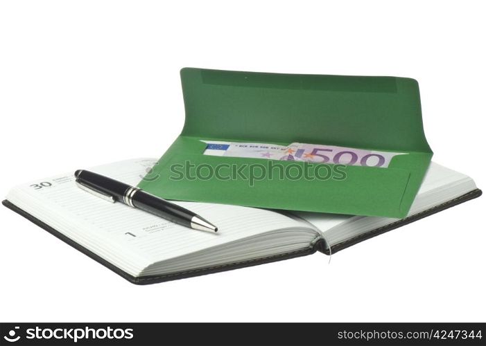 calendar, pen and colored envelopes with Euros on white background