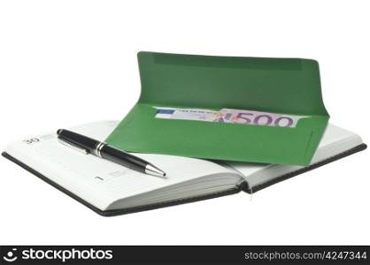 calendar, pen and colored envelopes with Euros on white background