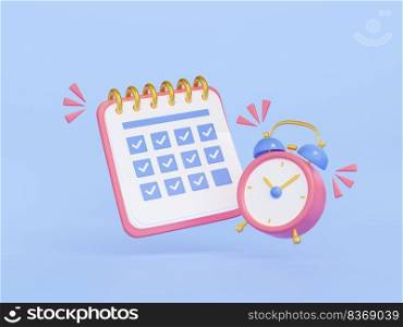 Calendar with date schedule and alarm clock. Concept of work agenda, plan, time management, deadline with organizer checklist and clock, 3d render illustration. Calendar with date schedule and alarm clock