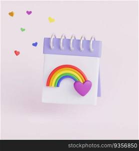 Calendar with rainbow and heart for LGBTQIA+ Pride month celebration. 3d render illustration.