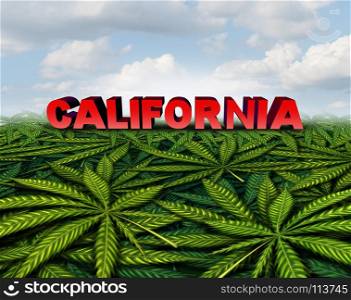 California cannabis and californian marijuana concept as a pot law symbol with weed leaves background as a legalization of recreational drug with 3D illustration elements.