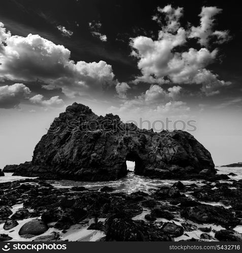 California Pfeiffer Beach in Big Sur State Park dramatic black and white rocks and waves