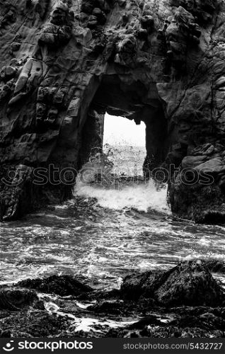 California Pfeiffer Beach in Big Sur State Park dramatic black and white rocks and waves