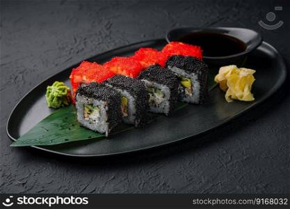 california rolls covered with black and red tobiko on a black board
