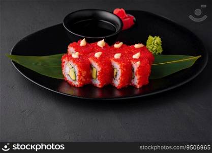 California Sushi roll cutting on black plate