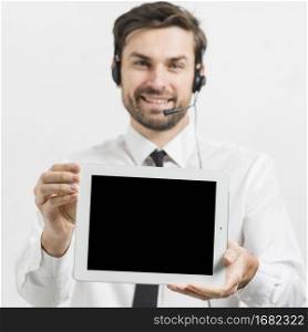 call center agent presenting tablet template