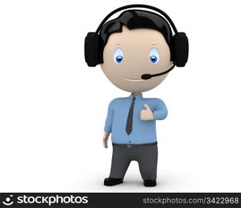 Call center operator likes you! Social 3D characters: happy young man wearing headset, necktie and shirt showing big finger. New constantly growing collection of expressive unique multiuse people images. Concept for people in business illustration. Isolate. Call center operator likes you! Social 3D characters: happy young man wearing headset, necktie and shirt showing big finger. New constantly growing collection of expressive unique multiuse people images. Concept for people in business illustration. Isolated.