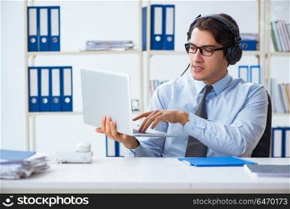 Call center operator talking to customer on live call