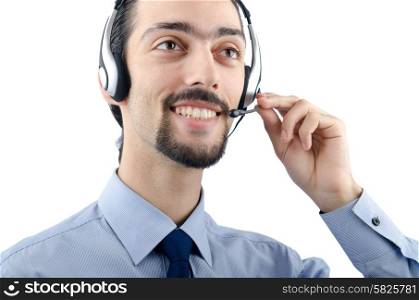 Call center operator with headset