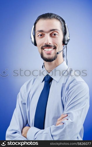 Call center operator with headset