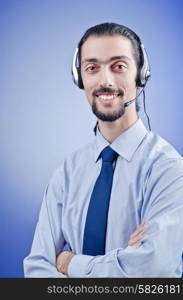 Call center operator with headset