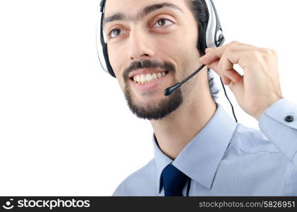 Call center operator with headset