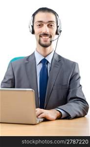 Call center operator with laptop