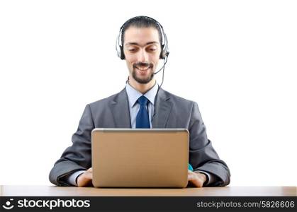 Call center operator with laptop