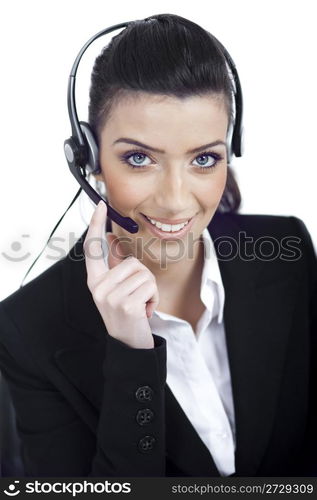 Call center woman dealing with the customer wearing headset over white background