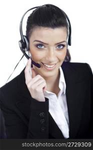 Call center woman dealing with the customer wearing headset over white background