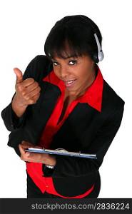 Call-center worker giving thumbs-up