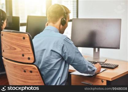 Call center working online support and service focus on head phone