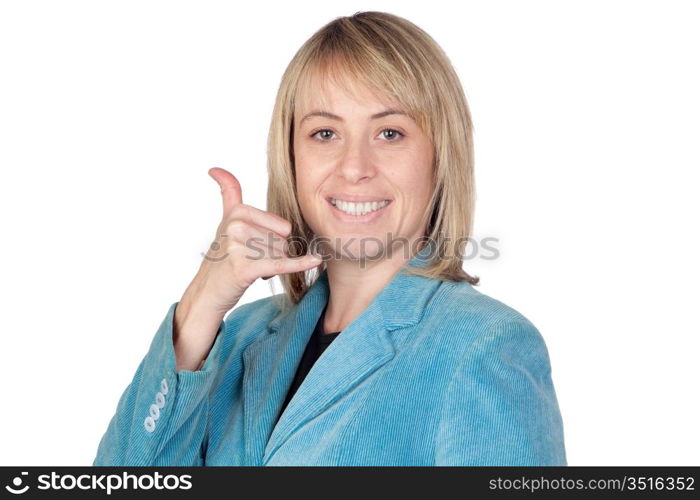 Call me. Blonde businesswoman isolated on white background