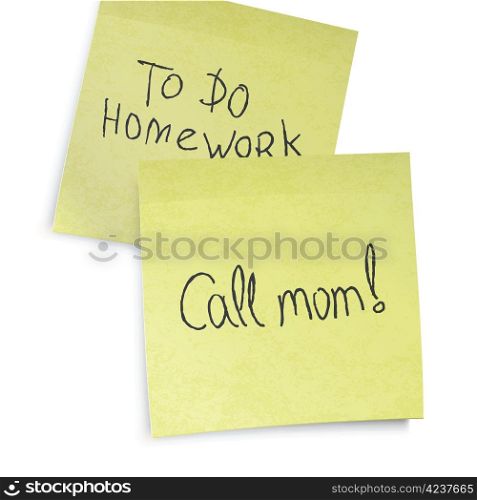 Call mom reminder. Text on yellow sticky notes, vector, EPS10.