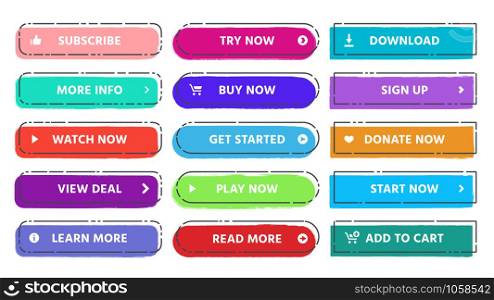 Call to action button. Read more, subscribe and buy now web buttons with vivid colors and grunge textures. Website action button view deal, get started and learn more flat isolated vector set. Call to action button. Read more, subscribe and buy now web buttons with vivid colors and grunge textures flat isolated vector set