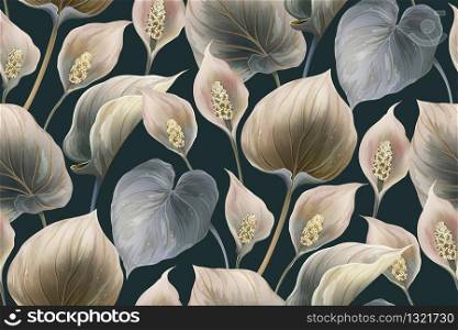 Calla flower vector seamless pattern. Botanical realistic drawing for background, wallpaper, greeting card, an invitation in modern style. Blossom floral vintage design.
