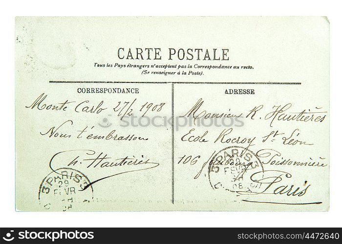 Calligraphic handwritten french postcard with vintage unreadable text. Grunge paper background