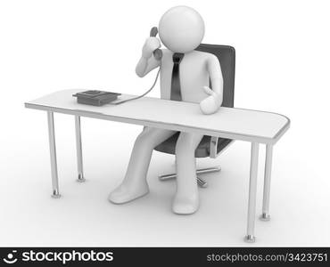 Calling man at workplace (people at office, stuff, manager series; 3d isolated character)