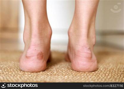 Callus blisters on woman feet. Painful wounds. Uncomfortable shoes problems. View of foot with inflammatory corns. Health and beauty concept. Callus blisters on woman feet. Painful wounds. Uncomfortable shoes problems. View of foot with inflammatory corns. Health and beauty concept.