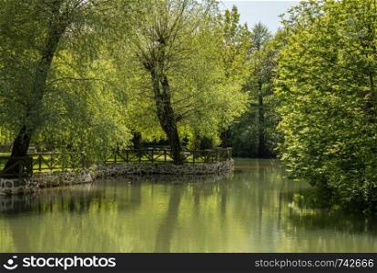 Calm and peaceful river in the park by Postojnska Jama in Slovenia. Calm peaceful river in the park near Postojna cave system in Slovenia